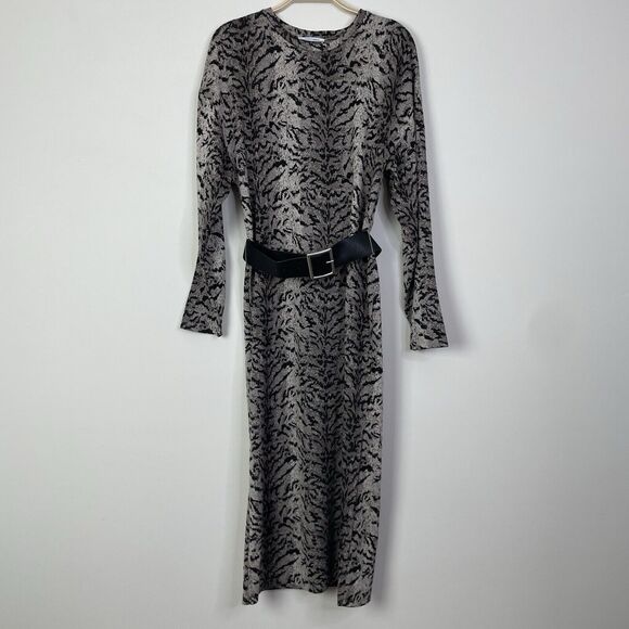 Zara Tiger Animal Print Knit Long Sleeve Crewneck Belted Midi Dress Medium - Picture 3 of 10